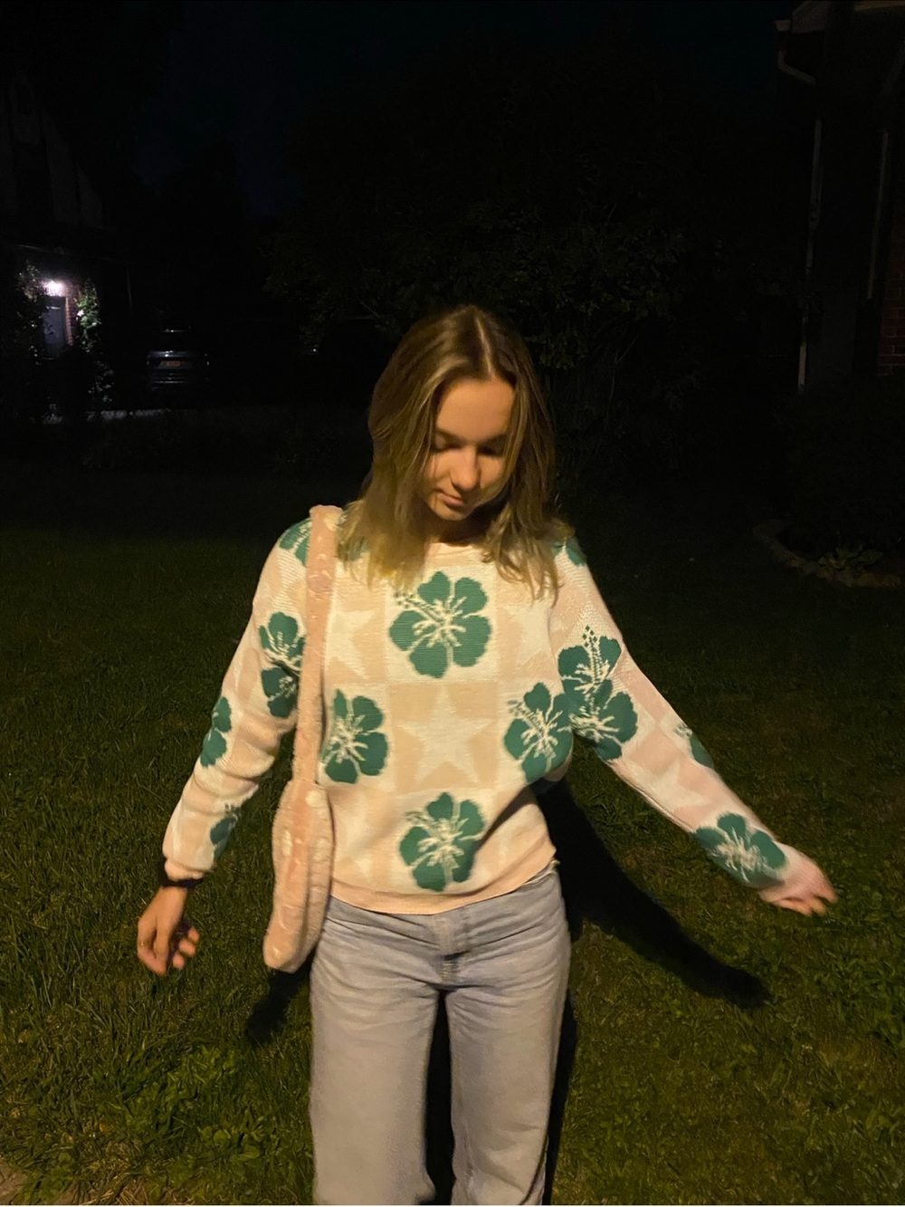 Cozy Floral Knit Sweater in Pastel Pink and Teal
